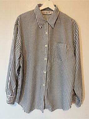 Peter Martin Women's XL 100% Silk Striped Button Up Shirt Long Sleeve Blue White
